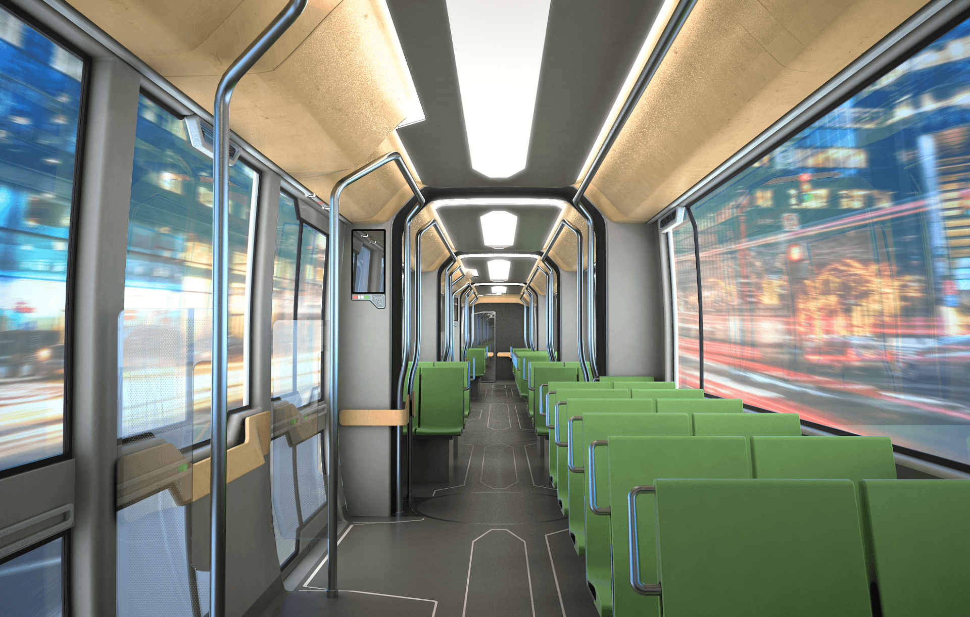 Industrial Design, Transportation Design, interior rendering of a modern tram system, green seats, wooden ceiling