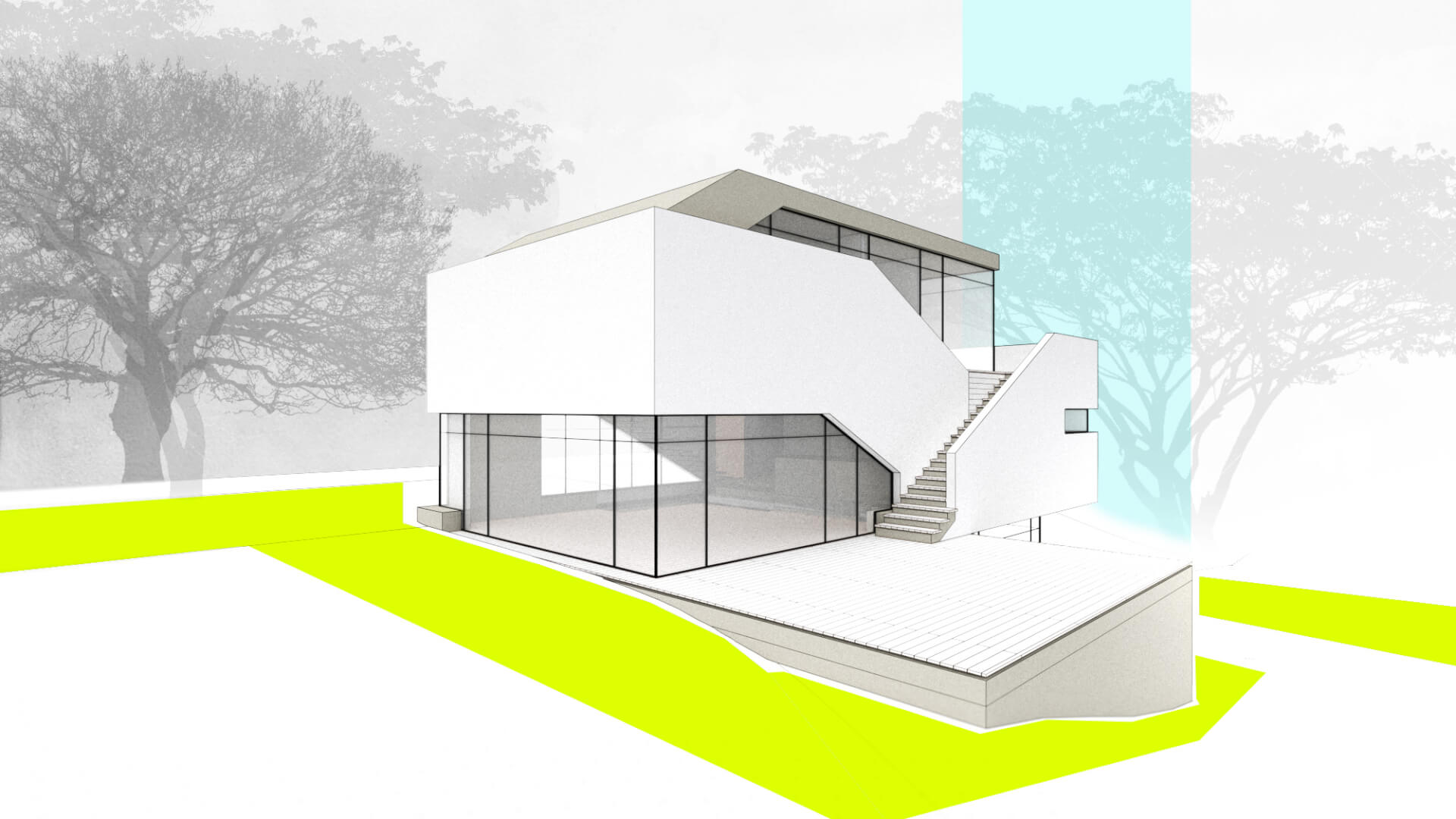Architekturbüro Wien, Sketchrendering einer modernen Villa, weiss, grün, Corbusier