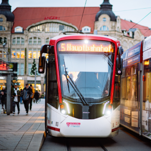 Evening with a modern Tram, type Stadler Tramlnik