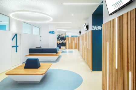 doctor's office with wooden and blue walls